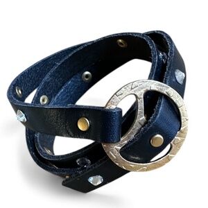 Black Leather Wrap Bracelet w/ Antique Gold & Crystal Accents
